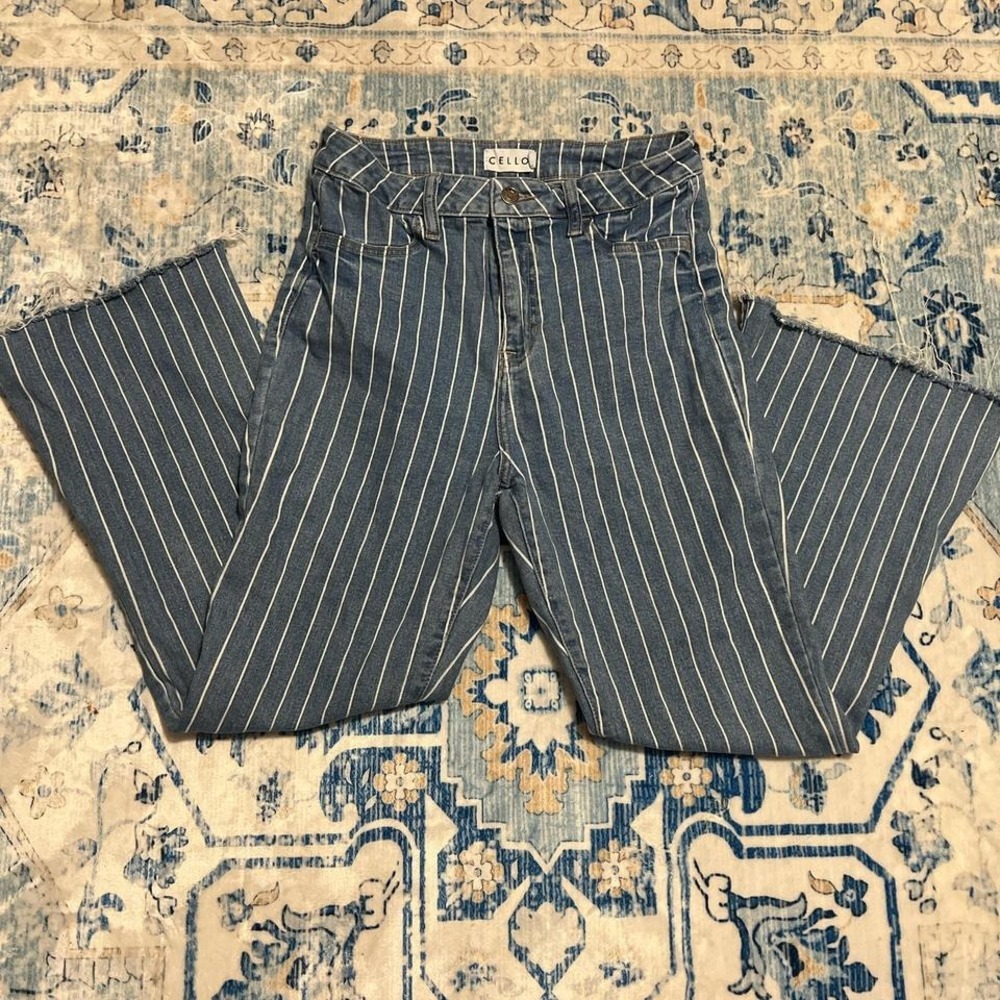 Blue and white striped high-waisted flare pants